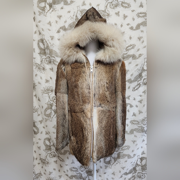 Vintage Jackets & Blazers - Vintage 70s 80s genuine rabbit fur hooded tan and Cream hooded jacket/ c…